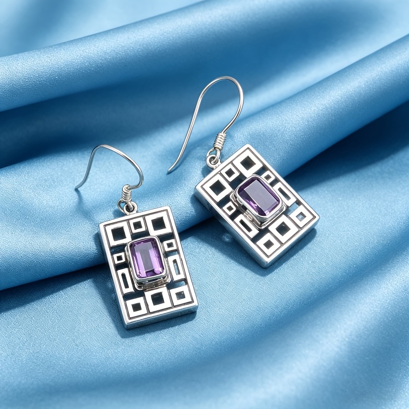 Women's Geometric Purple Cubic Zirconia Pendant Earrings with Retro Box Design